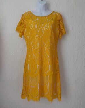 MSLG Yellow Floral Lace Dress Women Large ALine Knee Length Zip Up Lined V Back